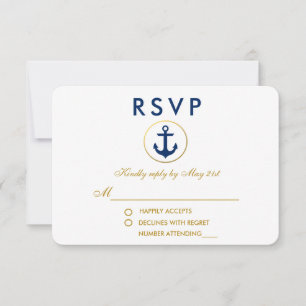 Nautical Wedding Blue Anchor Gold UAWG RSVP Karte