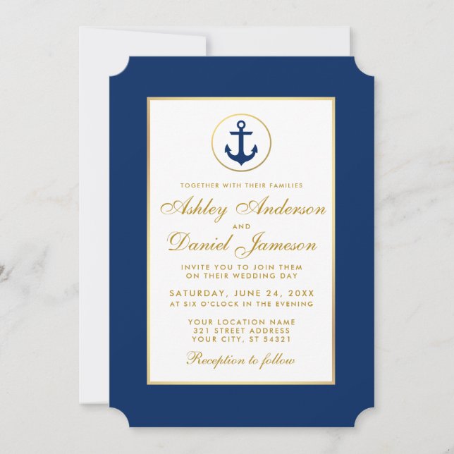 Nautical Wedding Blue Anchor und Gold Einladung W (Vorderseite)