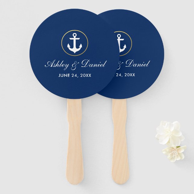 Nautical Wedding Blue and Gold Round Fächer (Vorne und Hinten)