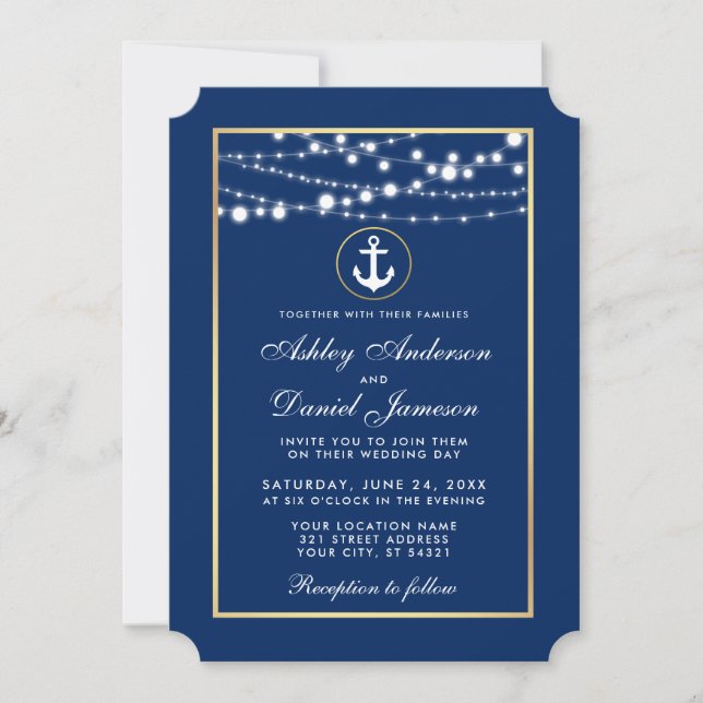 Nautical Wedding Blue Gold String Lights laden ein Einladung (Vorderseite)