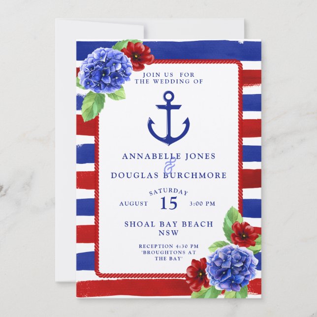 Nautical Wedding Blue Red Floral Watercolor Einladung (Vorderseite)