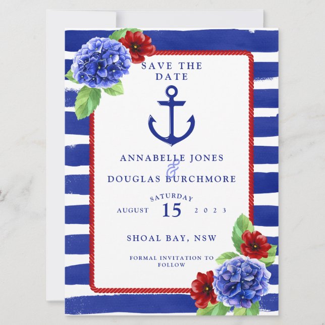 Nautical Wedding Blue Red Hydrangea Save the Date (Vorderseite)