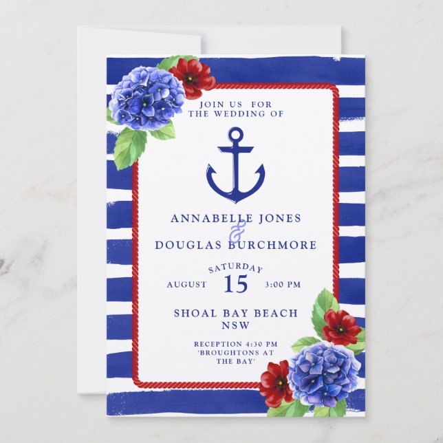 Nautical Wedding Blue Red Hydrangea Wasserfarbe Einladung (Vorderseite)