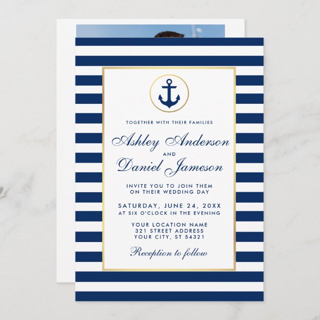 Nautical Wedding Blue Streifen laden B Foto zurück Einladung (Vorne/Hinten)