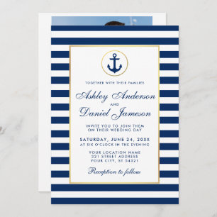 Nautical Wedding Blue Streifen laden B Foto zurück Einladung
