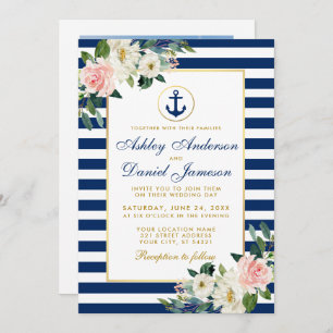 Nautical Wedding Blue Stripes Blumenmuster Foto Einladung