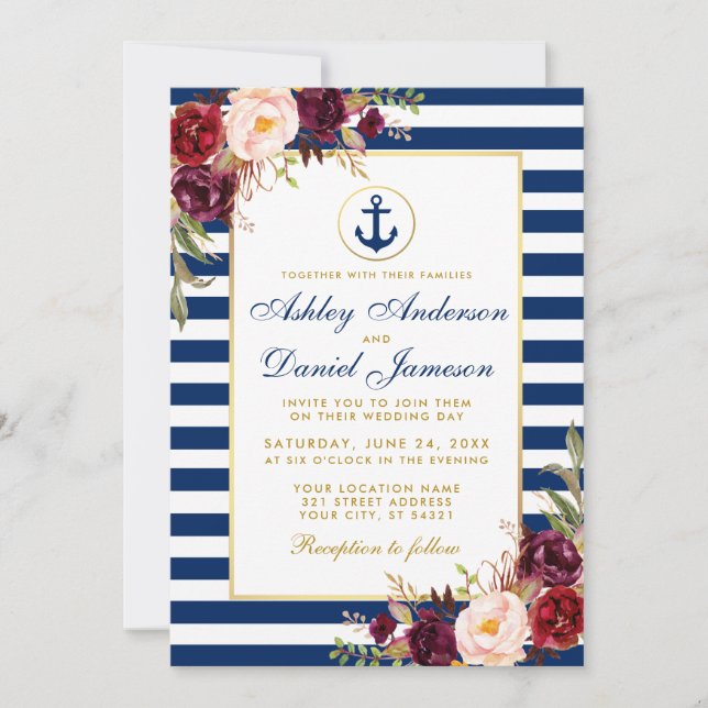 Nautical Wedding Blue Stripes Burgundy Einladung (Vorderseite)