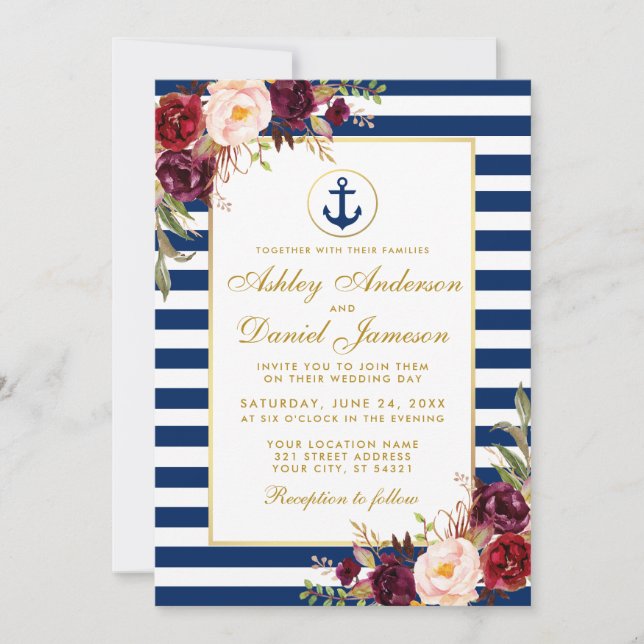 Nautical Wedding Blue Stripes Burgundy Invite G Einladung (Vorderseite)