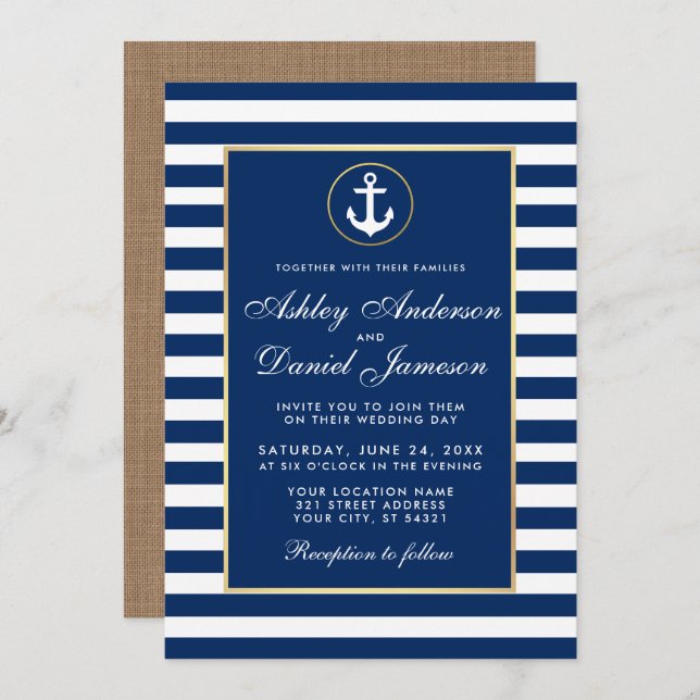Nautical Wedding Blue Stripes Burlap Invite Einladung (Vorne/Hinten)