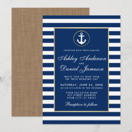 Nautical Wedding Blue Stripes Burlap Invite Einladung