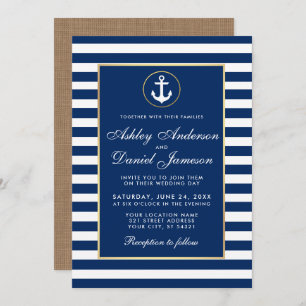 Nautical Wedding Blue Stripes Burlap Invite Einladung