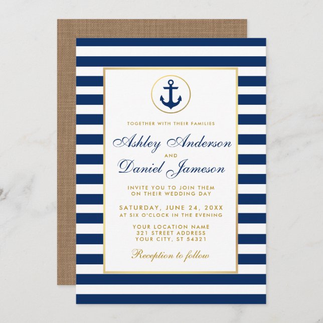 Nautical Wedding Blue Stripes Gold Burlap Invite Einladung (Vorne/Hinten)