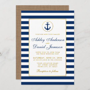 Nautical Wedding Blue Stripes Gold Burlap Invite Einladung