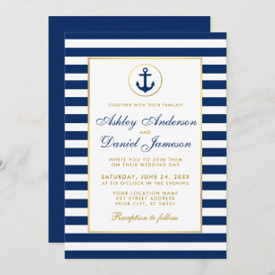 Nautical Wedding Blue Stripes Gold Einladung B