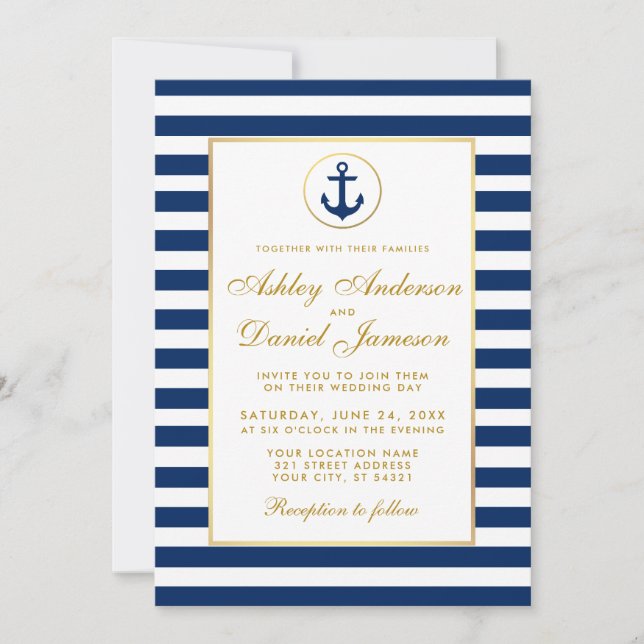 Nautical Wedding Blue Stripes Gold Einladung G (Vorderseite)