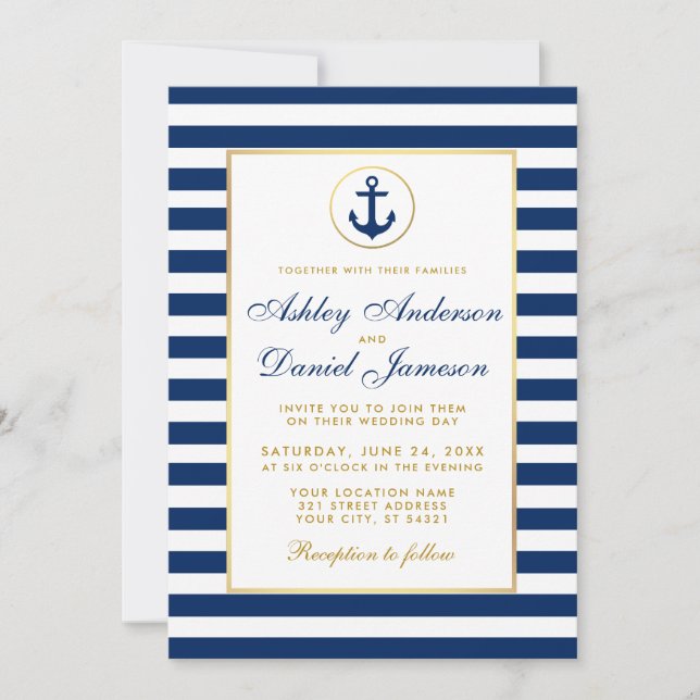 Nautical Wedding Blue Stripes Gold Einladung W (Vorderseite)