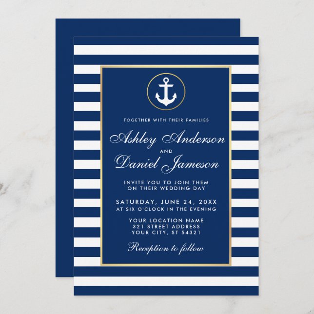 Nautical Wedding Blue Stripes Invite B Einladung (Vorne/Hinten)