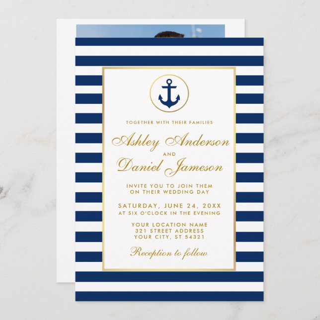 Nautical Wedding Blue Stripes laden G-Foto zurück Einladung (Vorne/Hinten)