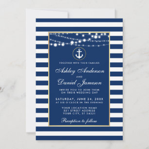 Nautical Wedding Blue Stripes Lights Einladung