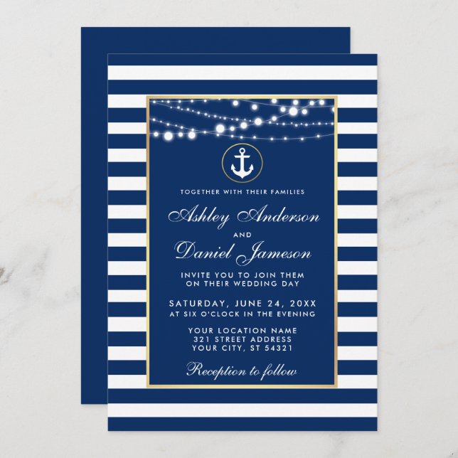Nautical Wedding Blue Stripes Lights Invite B Einladung (Vorne/Hinten)