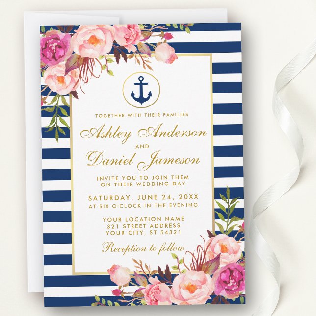 Nautical Wedding Blue Stripes Pink Floral Invite G Einladung (Customize to change text size, color or text style.)