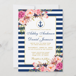 Nautical Wedding Blue Stripes Pink Floral Invite W Einladung