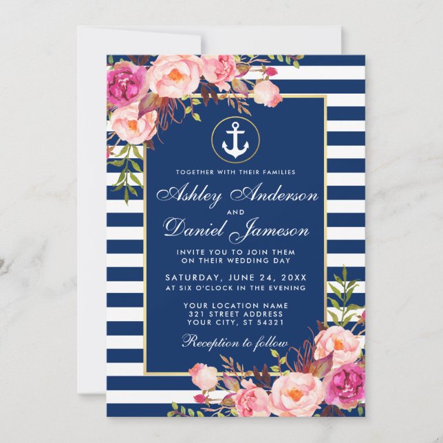 Nautical Wedding Blue Stripes Rosa Blütenladen Einladung (Vorderseite)