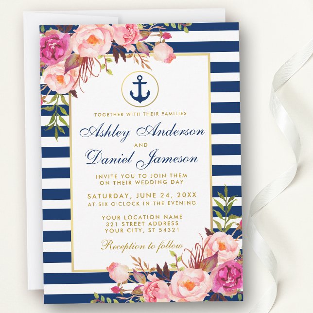 Nautical Wedding Blue Stripes Rosa Blütenladen Einladung (Customize to change text size, color or text style.)