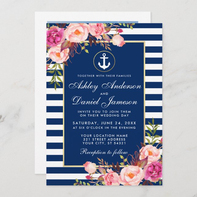 Nautical Wedding Blue Stripes Rosa Foto Einladung (Vorne/Hinten)