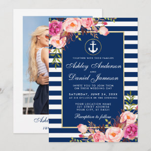 Nautical Wedding Blue Stripes Rosa Foto Einladung