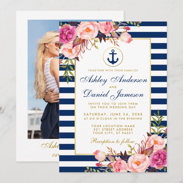 Nautical Wedding Blue Stripes Rosa Foto Einladung (Vorne/Hinten)