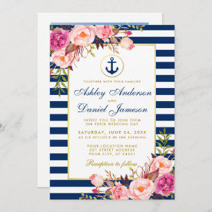 Nautical Wedding Blue Stripes Rosa Foto Einladung