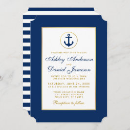 Nautical Wedding Blue Striping Gold Einladung