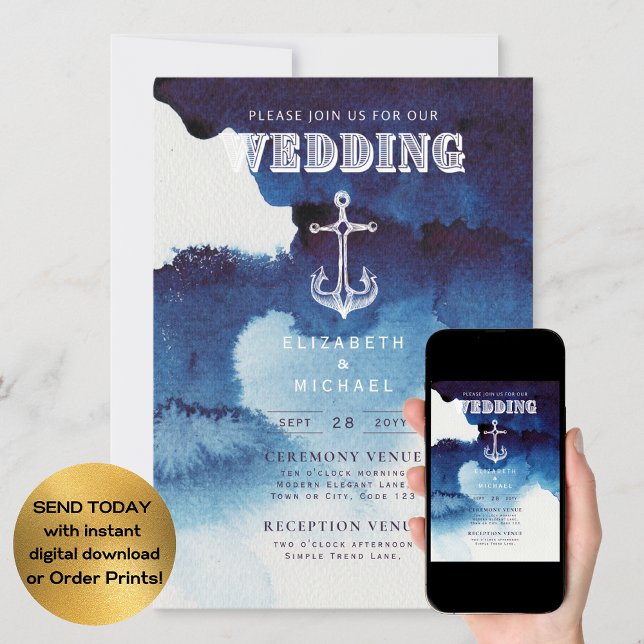 Nautical Wedding Blue White Anchor Digital Einladung (Von Creator hochgeladen)