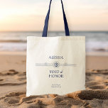 Nautical Wedding Brautparty Trauzeugin Tragetasche<br><div class="desc">Brautparty Geschenktasche mit nautischen Thema, um für jedes Mitglied in Ihrem Brautparty personalisieren. Der benutzerdefinierte Text enthält Ihren Gastnamen, Ihre Rolle oder Beziehung und den Namen der Braut und des Bräutigams sowie deren Hochzeitstermin. Will man sich in das Design-Tool zu wagen, kann man auch die Hintergrundfarbe, den Text und das...</div>