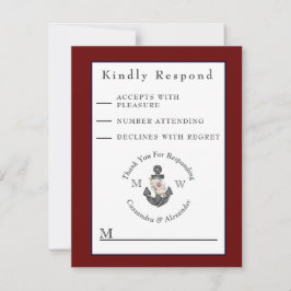 Nautical Wedding Floral Anchor Maroon Burgundy Red RSVP Karte