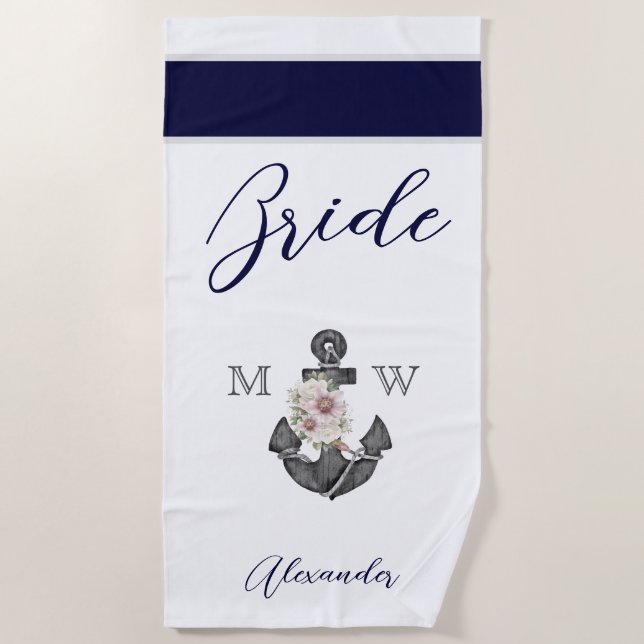 Nautical Wedding Floral Anchor Navy White Bridge Strandtuch (Vorderseite)