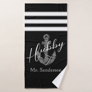 Nautical Wedding Floral Anchor Schwarz-weißer Stra Badehandtuch