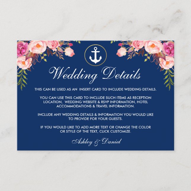 Nautical Wedding Floral Blue Details Beipackkarte Begleitkarte (Vorderseite)