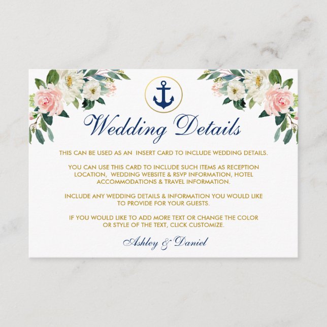 Nautical Wedding Floral Gold Details Beipackkarte Begleitkarte (Vorderseite)