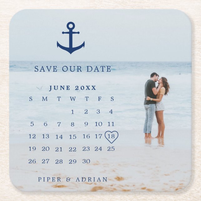 Nautical Wedding Foto Kalender Save the Date Rechteckiger Pappuntersetzer (Vorderseite)