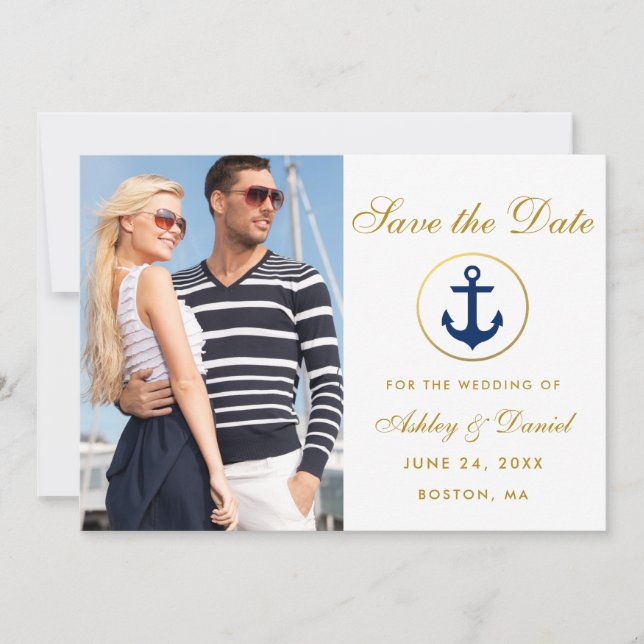 Nautical Wedding Gold Blue Save the Date Foto W (Vorderseite)