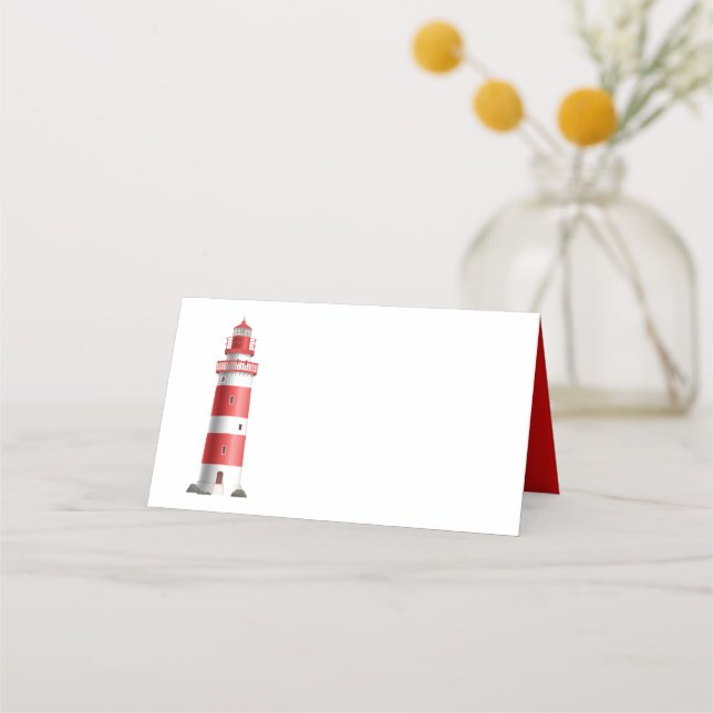 Nautical Wedding Lighthouse Beach Summer Red Platzkarte (Vorderseite)