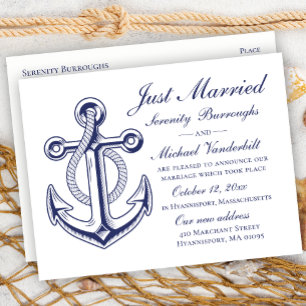 Nautical Wedding Navy Blue Anchor Just Married Ankündigungspostkarte
