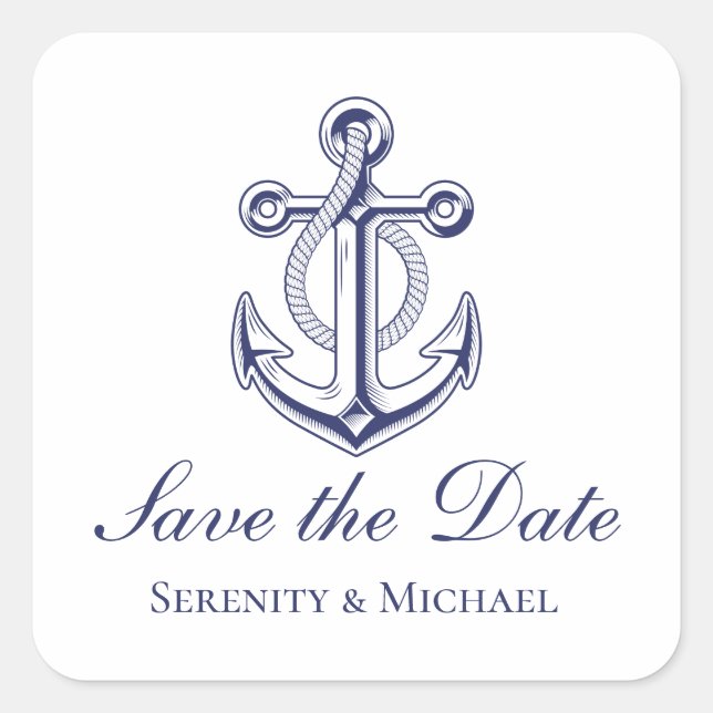 Nautical Wedding Navy Blue Anchor Save the Date Quadratischer Aufkleber (Vorderseite)