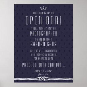 Nautical Wedding Open Bar Sign 18x24 Blue Anchors Poster