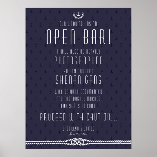 Nautical Wedding Open Bar Sign 18x24 Blue Anchors Poster (Vorne)
