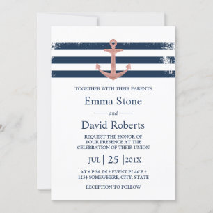 Nautical Wedding Rose Gold Anker Navy Stripes Einladung