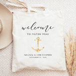 Nautical Wedding Welcome Gold Tote Bag Tragetasche<br><div class="desc">Dieses nautische Hochzeit in Urlaubsort-Hotel oder Gefälligkeitstasche zeigt eine Silhouette-Abbildung eines Ankeres in Goldfolie,  unter dem Wort "willkommen" in eleganter schwarzer Schrift. Personalisieren Sie es mit Ihrem Hochzeitsort,  den Namen der Braut und des Bräutigams und dem Hochzeitstag. Ideal für eine Hochzeit mit Schiff,  Yacht,  Küste oder anderen Wassersportarten.</div>