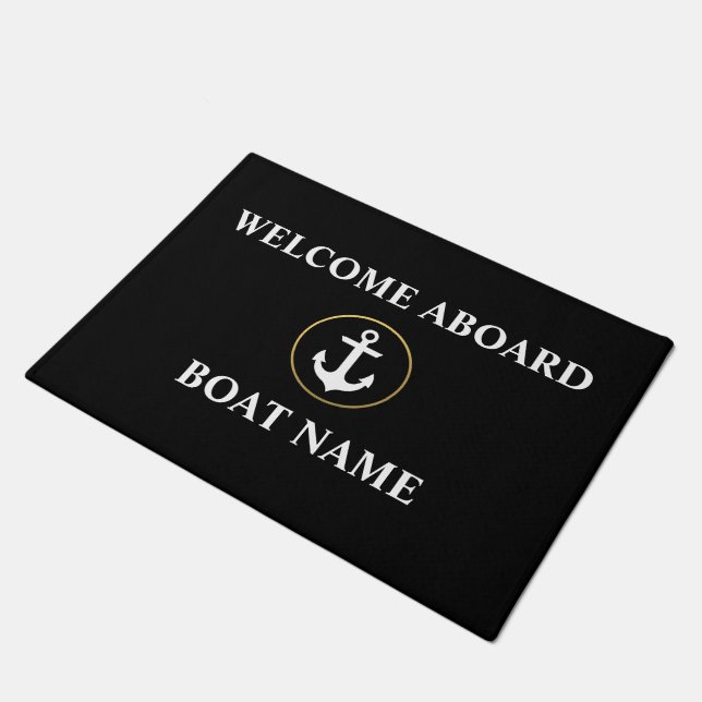 Nautical Welcome Boat Name Black Gold Door Mat Fußmatte (Schrägansicht)